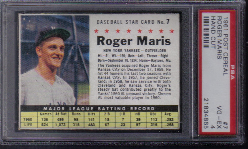 Roger Maris 1961 newest Post cereal hand cut card PSA 5